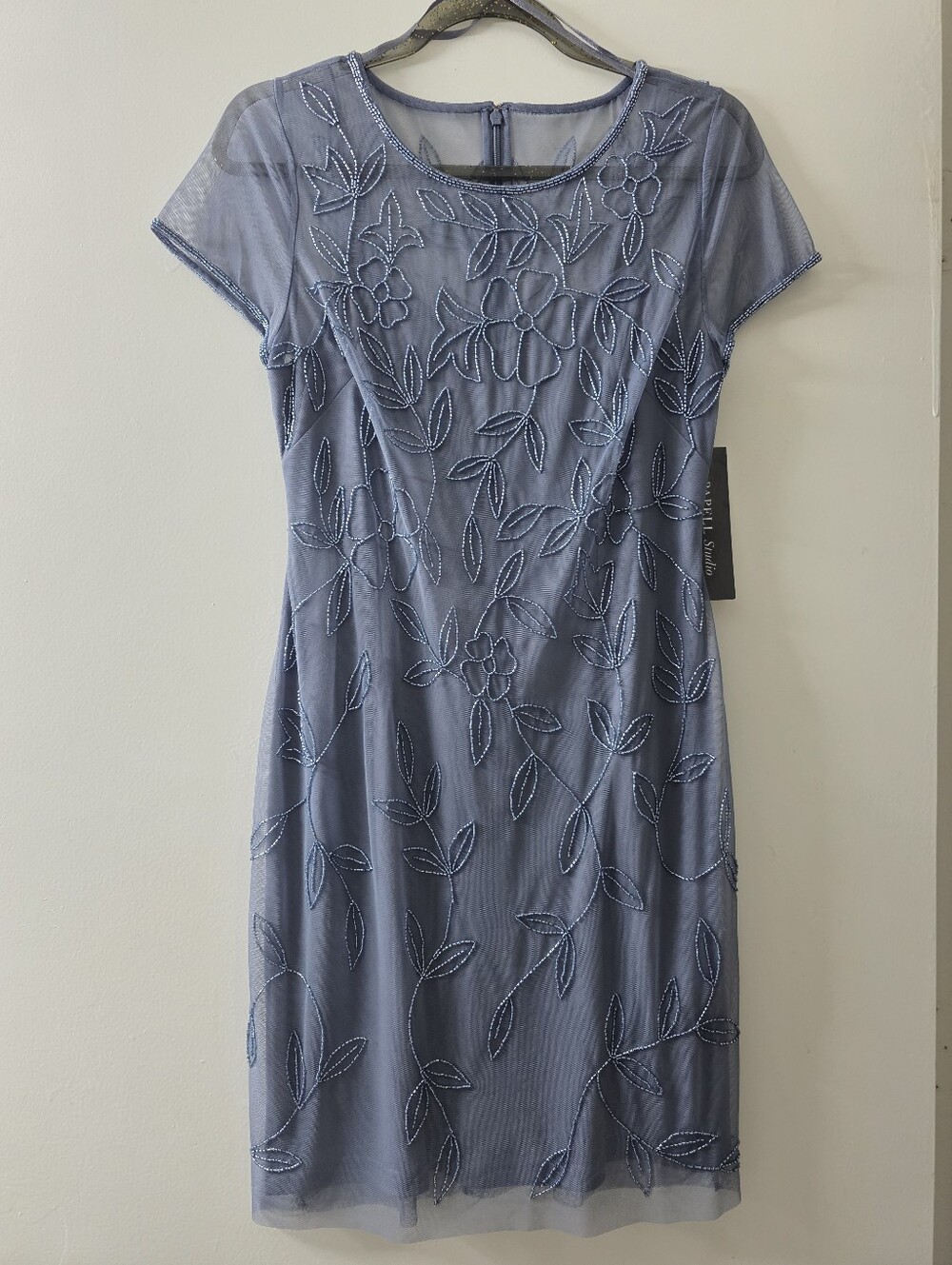 NWT Von Maur Papell Studio Sheer Overlay Short Beaded Dress Dusty Blue 6 - Picture 5 of 7